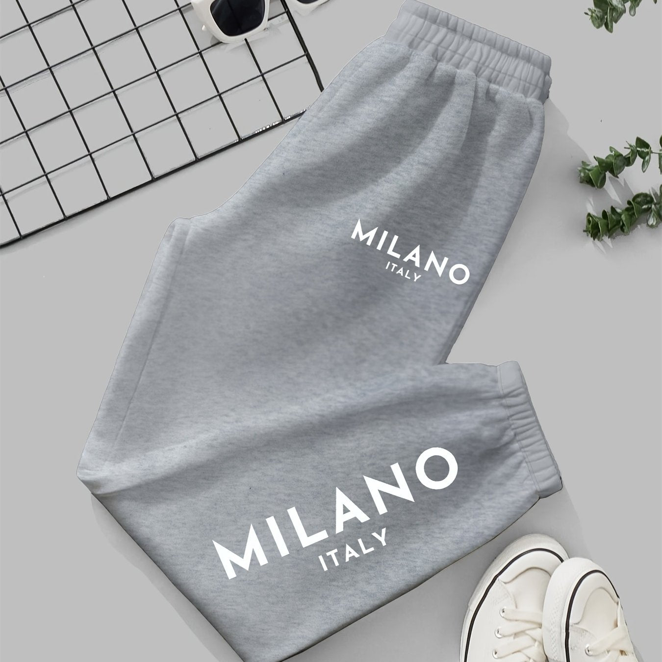 Milano Italy Printed Women'S Jogger Pants, Casual Knit Polyester 100% Fabric, 190g/m², All-Season, with Pockets, Fashionable Long Jogging Trousers for Adult