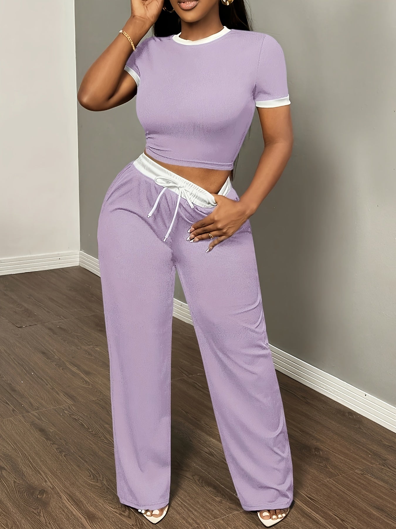 Round Neck Contrast Color Fashion Commuting Wearable Short Sleeve Wide Leg Pants 2pcs Women's Pajama Set
