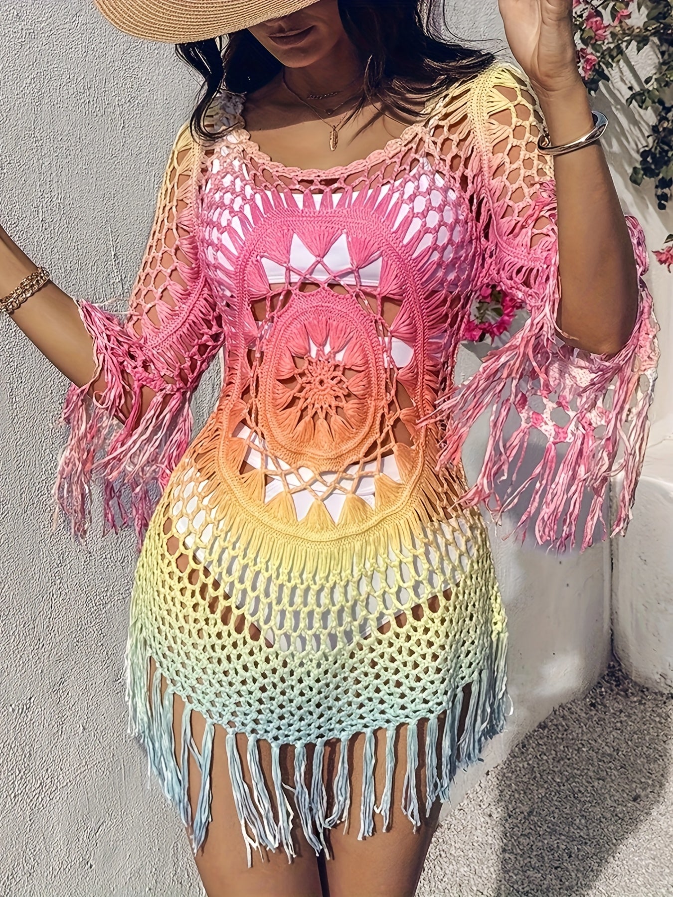 Women's Ombre U-Neck Long Sleeve Tassel Crochet Beach Cover-Up Dress - Colorful Gradient Design, Fringe Details, Semi-Sheer Summer Style for Spring/Summer, Beach Dress