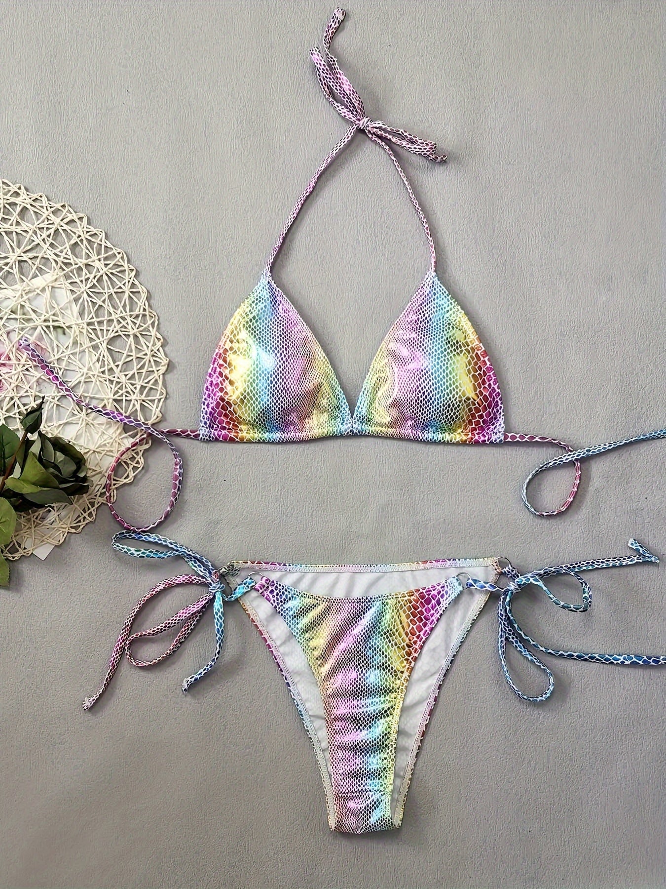 European And American Latest Sexy Gradient Color Snake Print Print Bikini Set with Tie Straps, Popular with Handbag Women'S Swimsuit