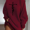 Women's Polyester Summer Dress With High Neckline, Cross Stitch Pattern, Elegant And Casual Long Sleeve Top