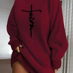 Women's Polyester Summer Dress With High Neckline, Cross Stitch Pattern, Elegant And Casual Long Sleeve Top