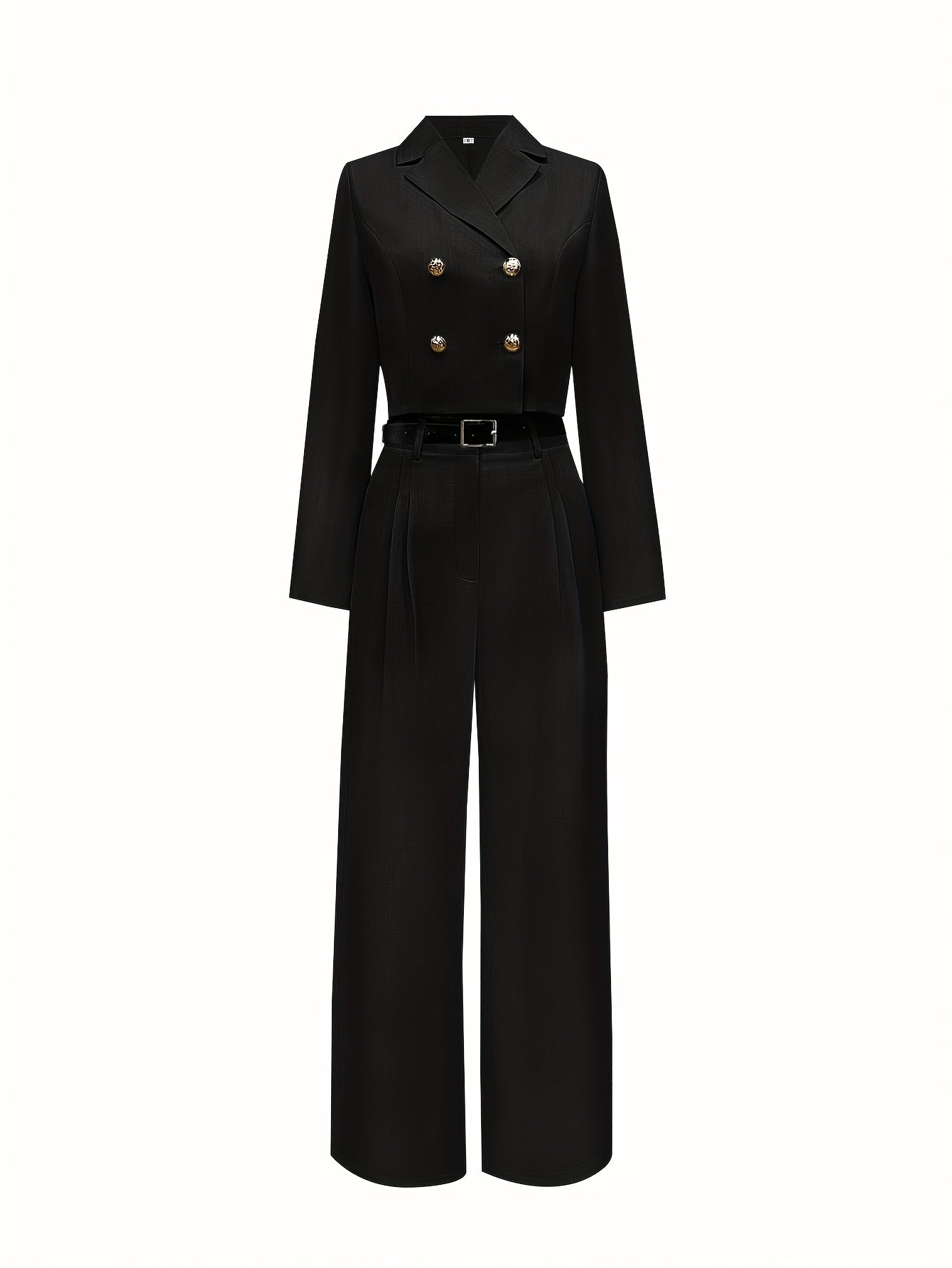 Elegant Two-Piece Long Sleeve Suit - Beige Polyester, Double-Breasted Blazer with Wide Lapels & High-Waisted Flared Pants, Stylish Accessory Bag, Perfect for Fall/Winter, Stylish Workwear | Elegant Two-Tone Suit | Polyester F
