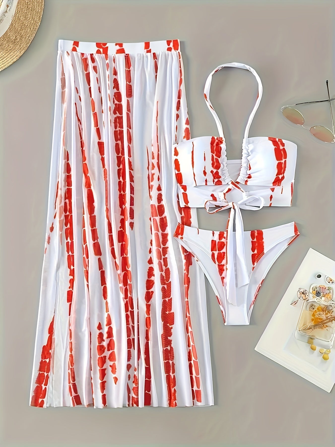 Women's Fashion Beach Vacation Bikini Set, Striped Print, Two-Piece Swimsuit with Halter Top And Skirted Bottom