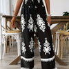 Women's Navy & White Floral Print Wide-Leg Pants with Elastic Waist Drawstring & Smocking Detail - Machine Washable All-Season Elegant Casual Trousers for Women, Comfortable Fashion, Smooth Texture Fabric