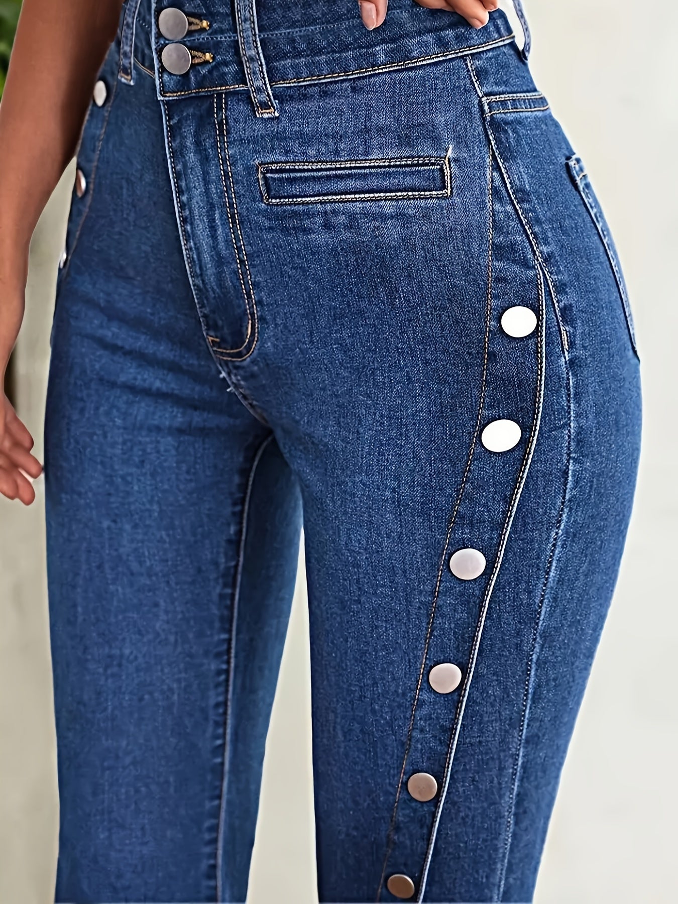 Vibrant Washed Blue Retro Style Flare Leg Stretchy Denim Pants - Zipper Button Closure, Comfortable & Versatile Women's Jeans with Decorative Buttons - Perfect for Casual Daily Wear, Outdoor Activities & More