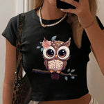 Women's Y2K Graphic Crop Top T-Shirt - Black Owl Design with Floral Accents, Short Sleeve, Stretchy Polyester Blend, Perfect for Spring/Summer/Fall, Young Adult Clothing | Trendy Tiktok Style | Glossy Fabric Finish, T-Shirt S