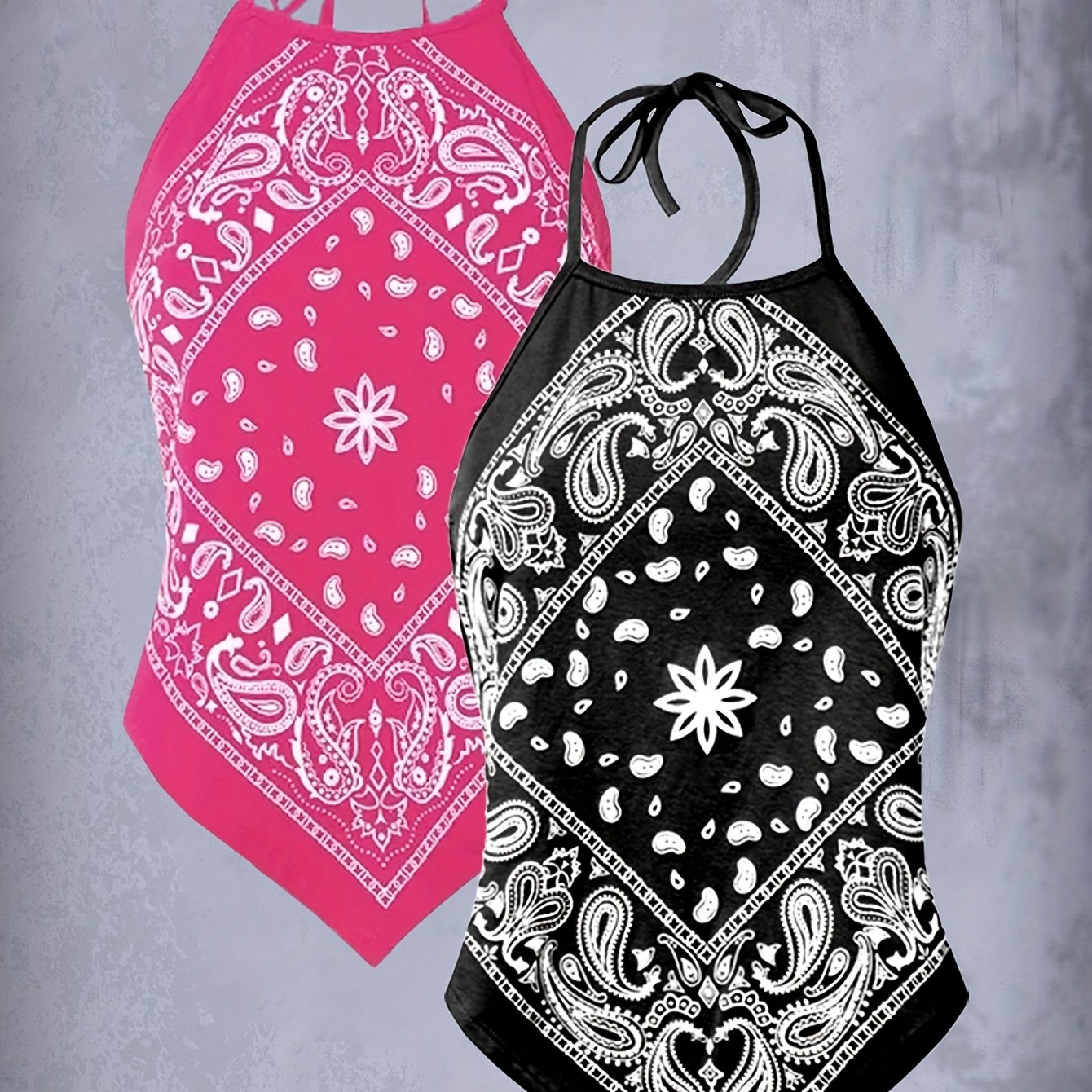Paisley Print Backless Halter Top 2 Packs, Boho Sleeveless Hanky Hem Halter Neck Top For Summer, Women's Clothing