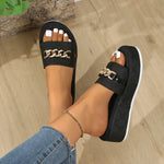 Women'S Pink Platform Sandals with Metal Chain & Rhinestones - Casual Slip-On, Open Toe, Mid-Heel, Lightweight & Stylish, All-Season Footwear, Casual Footwear | Metallic Chain Sandals | Rubber Sole Sandals