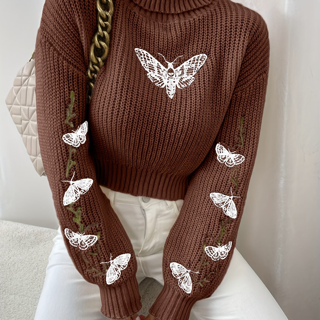 Winter Warmth] Elegant Pink Butterfly Sweater for Women - Cozy Turtleneck, Long Sleeve, 100% Polyester Knit Pullover, Casual Style, Perfect for Fall/Winter