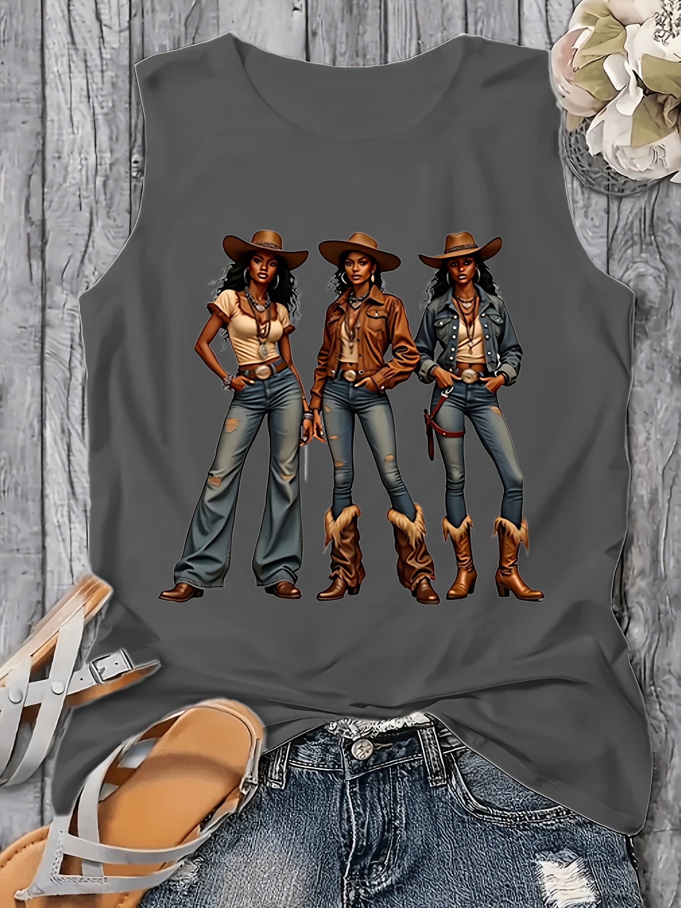 Western Style Denim Printed 160G Women'S Casual Round Neck Vest, Spring And Summer Women'S Vest, Simple Design, Machine Washable, Surprise Gift for Valentine'S Day, New Year And Other Holiday Atmospheres