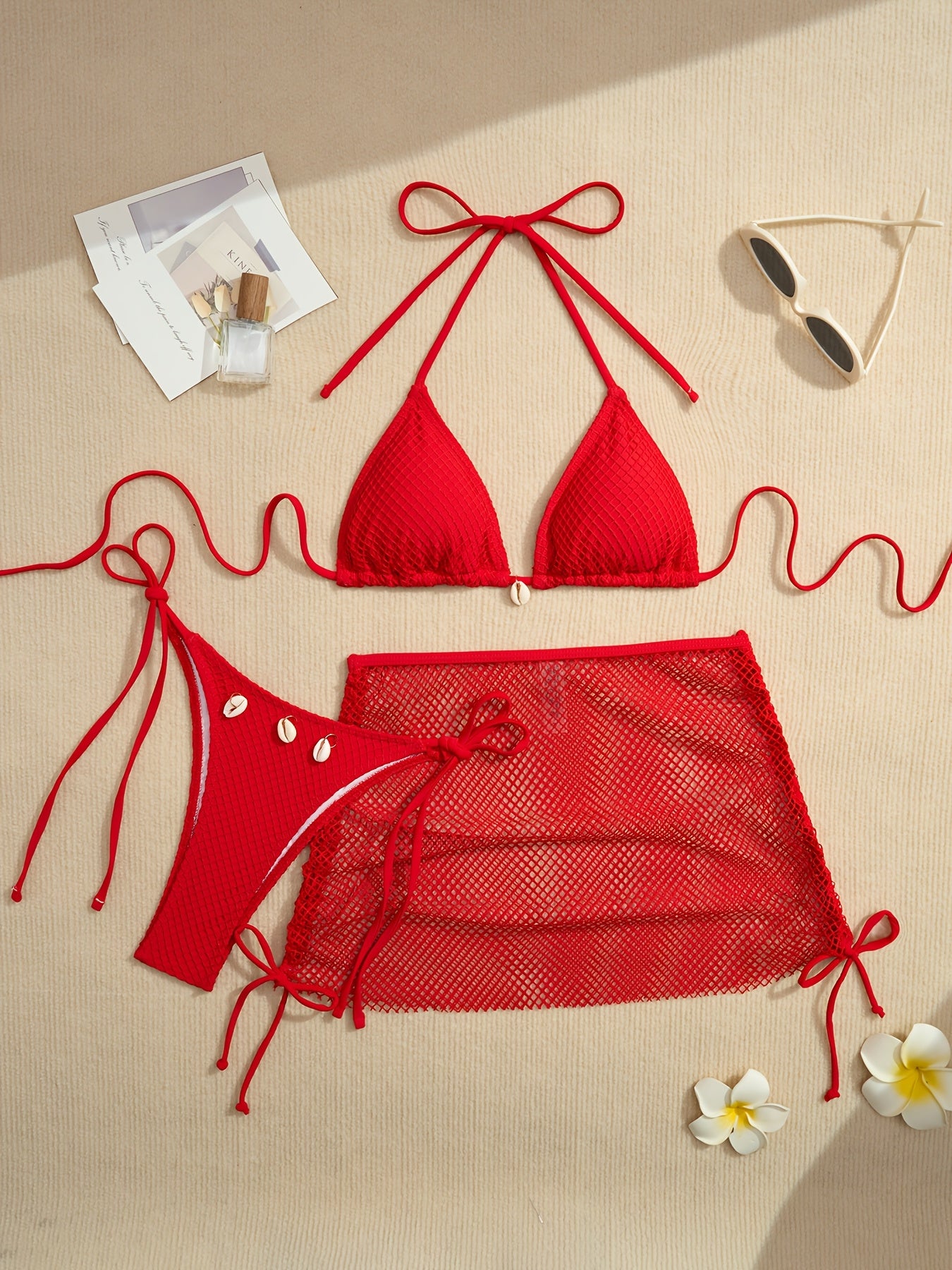 Solid Color 3pcs Bikini Set, Halter Neck with Mesh Tie Back and High Cut Sides, Cover-Up Wrap Swimsuit, Women's Swimwear and Clothing Triangle Top