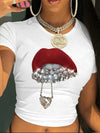 Women's Y2K Lip Print Crop Top T-Shirt - Black Short Sleeve, Red Lips Graphic with Pearl Details, Round Neck, Spring & Summer Fashion, Machine Washable