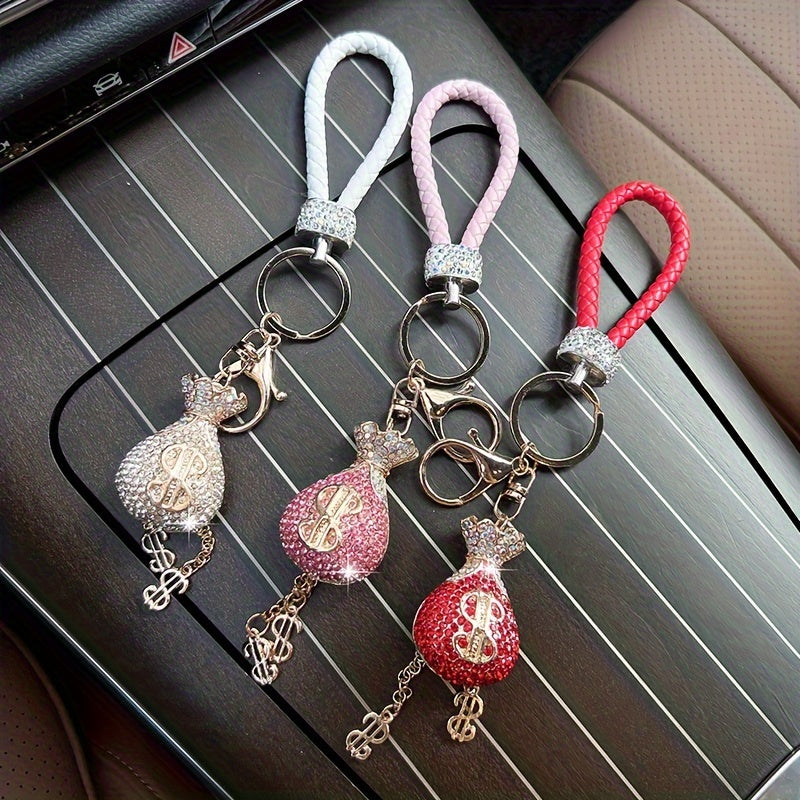 Elegant Alloy & Rhinestone-Encrusted Dollar Sign Keychain with Braided Rope - Sparkling Charm for Car Keys, Bags & Wallets - Ideal Birthday Gift