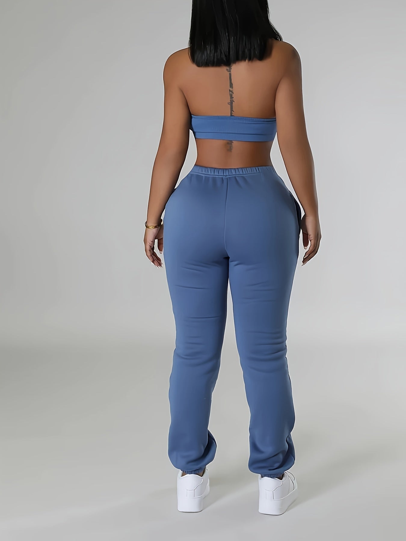 Chic Women's Halter Neck Backless Crop Top & High-Waist Jogger Set - Stretchy Polyester/Spandex Blend, Machine Washable, Casual Solid Color, Perfect for Fall/Winter