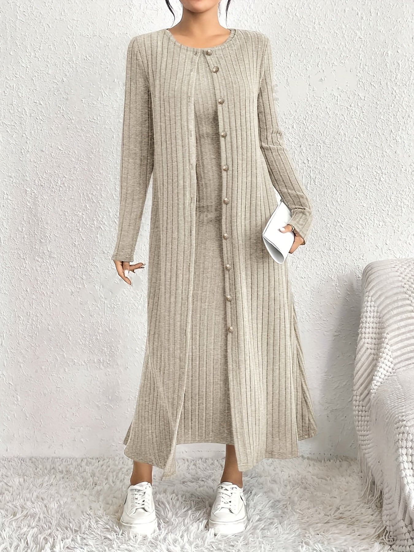 2pcs Set of Elegant Special Women's Ribbed Knit Long Sleeve Cardigan Dress