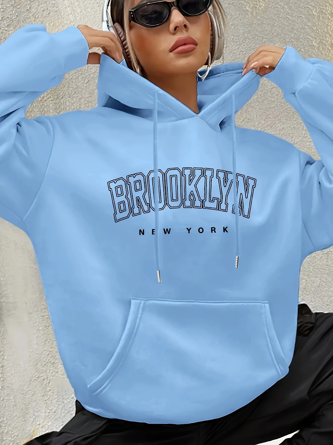 Women's Brooklyn-Inspired Blue Hoodie - Casual Polyester Pullover with Geometric Design, Machine Washable, Ideal for Spring/Summer/Fall, Casual Wear Hoodie | Trendy Casual Hoodie | Knitted Texture, Sweater Hoodie