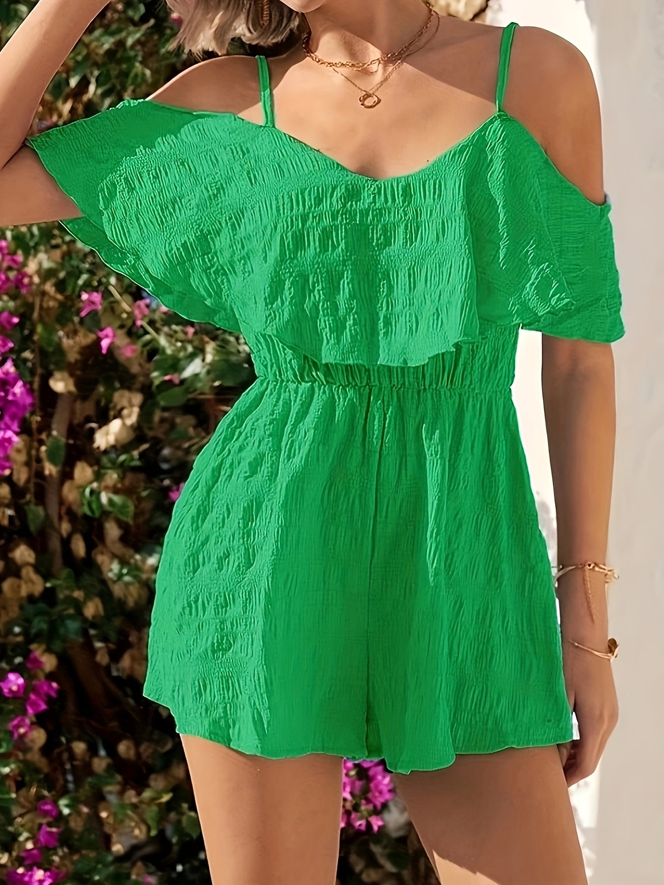 Women's Navy Blue Ruffle Romper - Off-Shoulder Layered Design, Elastic Waist Shorts, Machine Washable, Summer Casual Jumpsuit for Adults, Summer Casual Wear | Offshoulder Romper | Nontransparent Material
