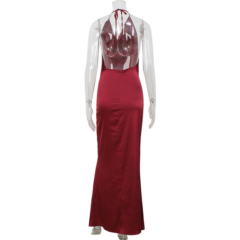Low-cut Fashion-forward Sexy Wine-red Backless Dress