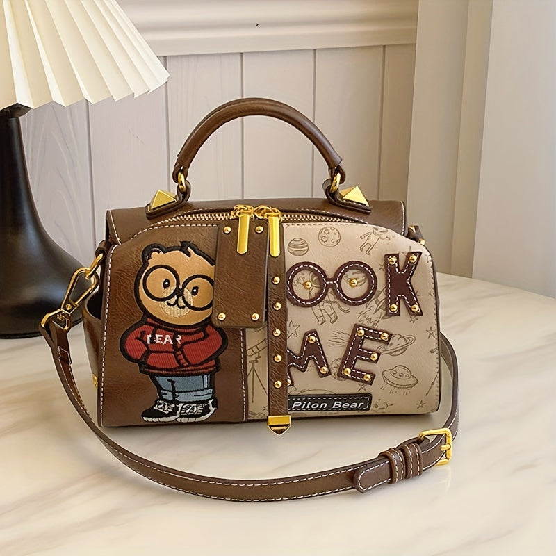 Vintage Cartoon Bear Print PU Leather Shoulder Bag with Embroidered Detail, Removable Strap, Zipper Closure, Polyester Lined, Animal Print Design, Edge Painted Boston Handbag