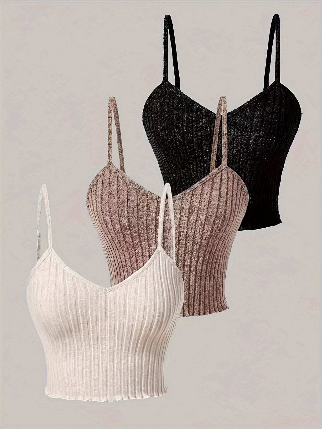 3pcs Ribbed Spaghetti Strap Tank Top, Casual Sleeveless Tank Top For Summer, Women's Clothing