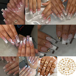 226pcs 168pcs Glossy Long Square Fake Nails (7 pack)  + 58pcs Rings Set White French Tip Press On NailsWith Embossed Flower Rhinestone Design, sweet Cool Full Cover FalseNails For Women Girls