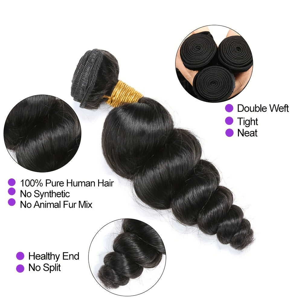 14A Loose Wave Bundles with Closure Human Hair 3 Bundles with 5x5 Lace Closure for Women Free Part 100% Unprocessed Virgin Peruvian Loose Deep Wave Human Hair Weave Bundles with Lace Closure Natural Color