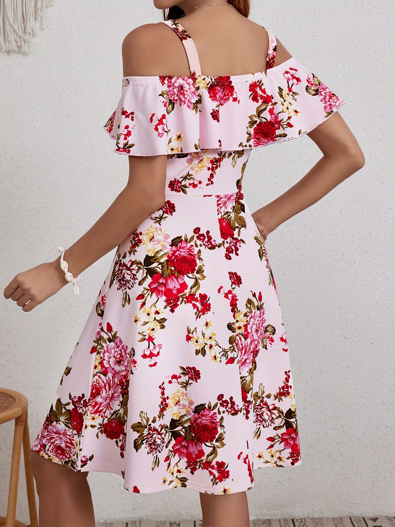 Elegant Floral Print Dress for Women with Ruffle Detail - Off-Shoulder, A-Line, Mid-Stretch Polyester & Spandex Blend, Machine Washable - Perfect for Summer