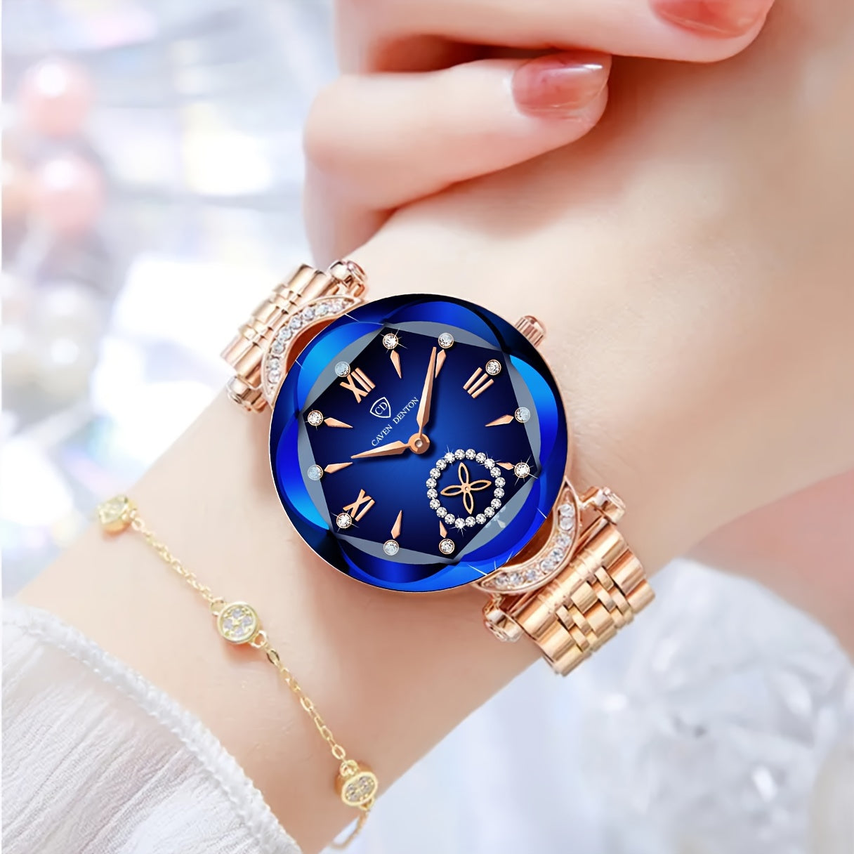 Elegant Women's Quartz Watch with Rhinestone Accents - Rose Golden Case & Stainless Steel Band, Roman Numerals, Independent Second Hand - Ideal for Business or Formal Wear - Perfect Mother's Day, Christmas, or Back-to-School