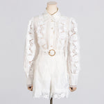 French Style Temperament Elegant Style Fashion Polo Collar Embroidered Lace Shirt Shorts Suit Women