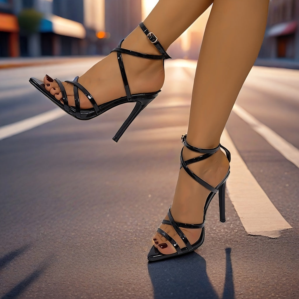 Mei Oi Women's Summer Sandals - Pointed Toe Stiletto Heel Ankle Strap High Heels with Buckle Closure, Black Synthetic Cover Dress Shoes for Parties & Formal Events, Party Footwear | Sleek Stiletto Design | Durable Rubber Sole