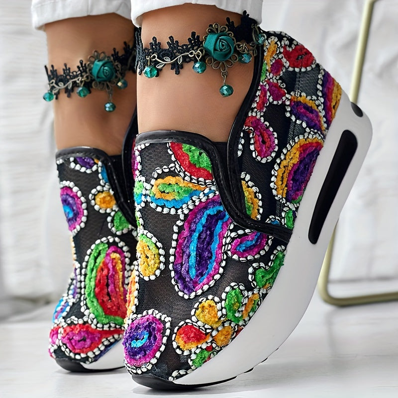 Abstract Print Side Lace-up Casual Wedge Sneakers - Without Anklet