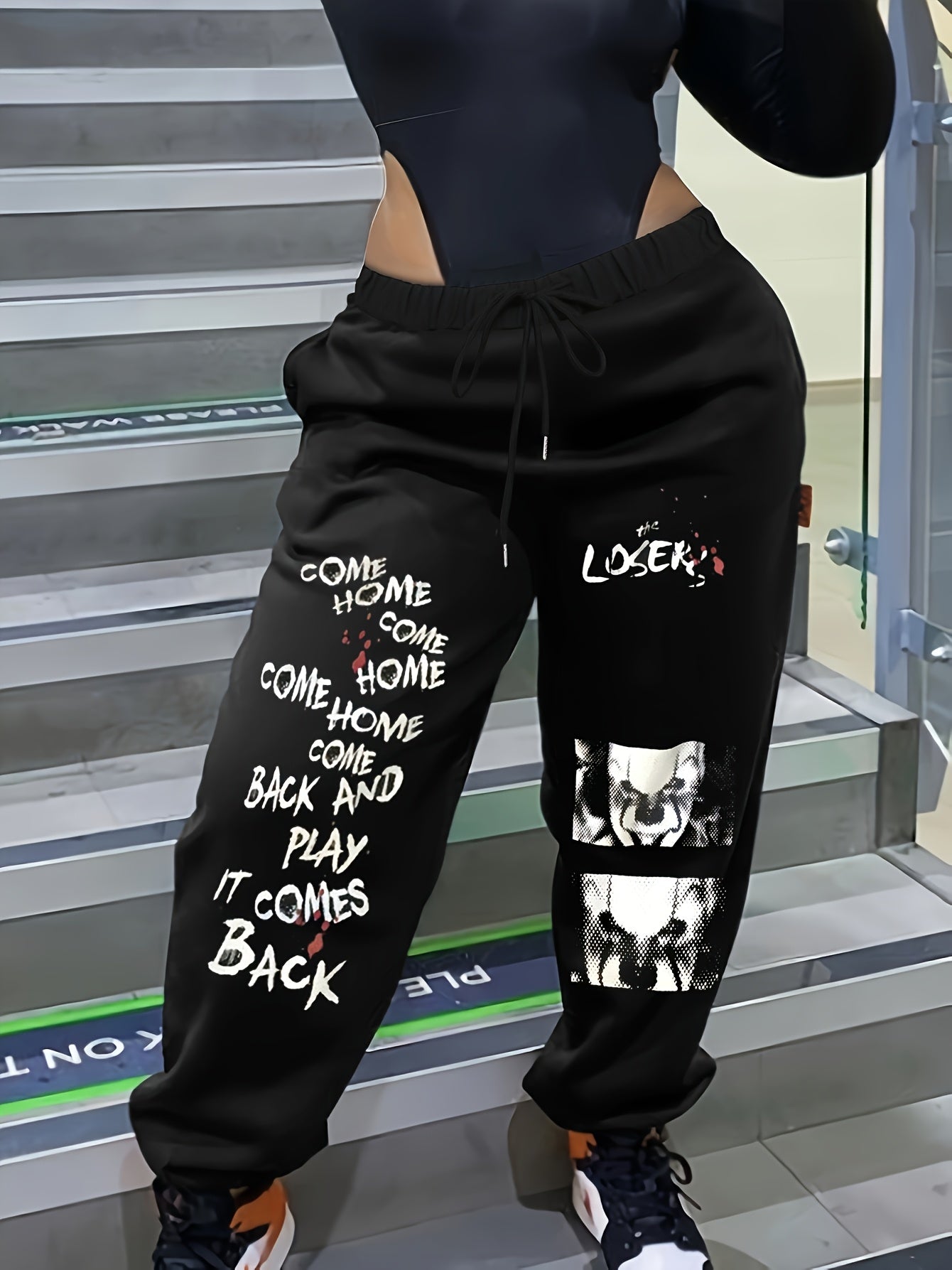 Women'S Casual Printed Sweatpants - Black with White Cartoon Face & Letter Design, Elastic Waistband with Drawstring, Lightweight Polyester for Spring/Fal