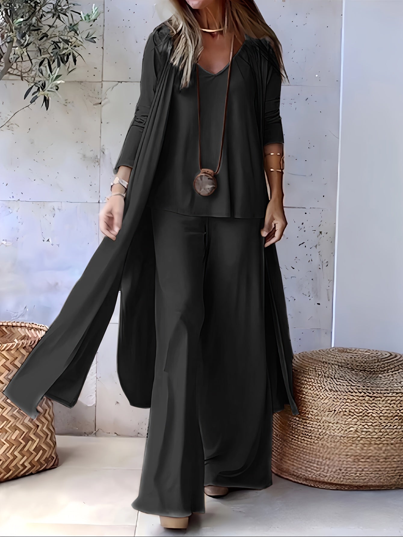Casual and Fashionable Simple Solid Color with Draping Sensation Sleeveless V-Neck Cardigan with Long Sleeves and Extra Long Side Slits Knitted Cardigan with Elastic Waist and Wide Leg Trousers