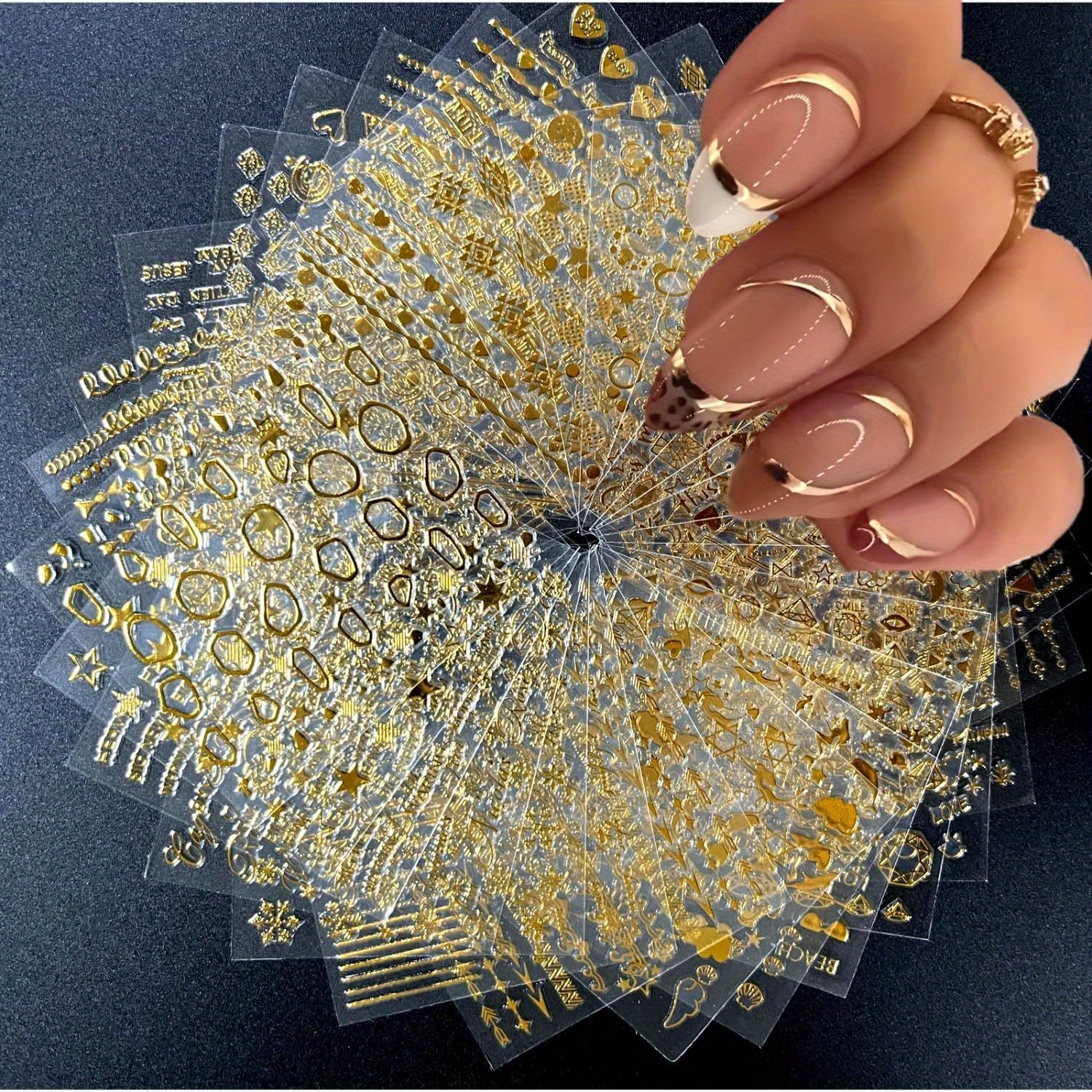 Golden Nail Art Stickers - 30 Sheets, 3D Self-Adhesive, for Acrylic Nails, Women, with Golden Line, Star, and Leaf Designs
