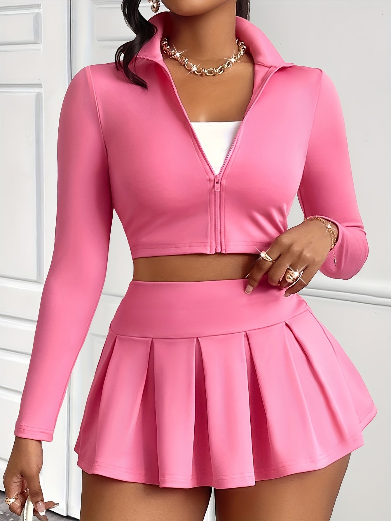 Women'S Pink Two-Piece Zip-Up Jacket and Mini Skirt Set - Sexy, High-Waisted, Short Sleeve Top with Belted Waist and Short Skirt, Casual and Elegant, Polyester Blend, Casual Attire|Zippered Jacket|Polyester Blend