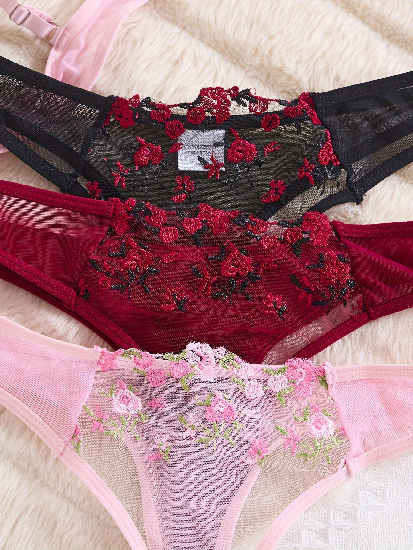 3 Sets Sexy Floral Embroidery Lingerie - Semi Sheer Mesh Cami Bra & Panties Set for Women - Comfortable, Breathable, and Romantic Underwear for Daily Wear
