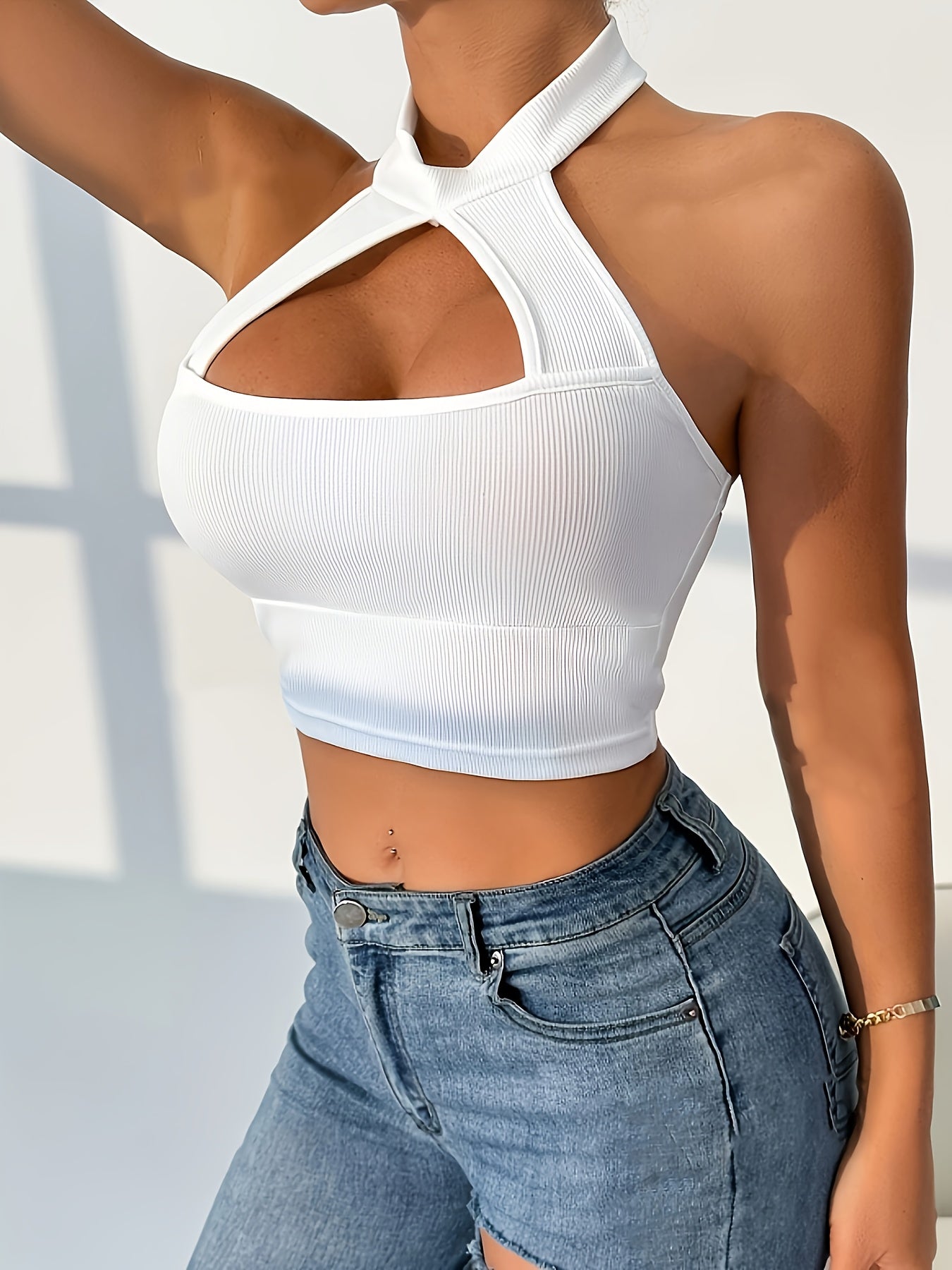 Chic Solid Color Halter Neck Crop Top - Sexy Backless Slim Fit Tank, Stretchy Polyester Blend, Ribbed Texture, Machine Washable - Perfect for Beach Outings, Afternoon Tea & Casual Casual Attire, Summer Fashion | Halter Neck T
