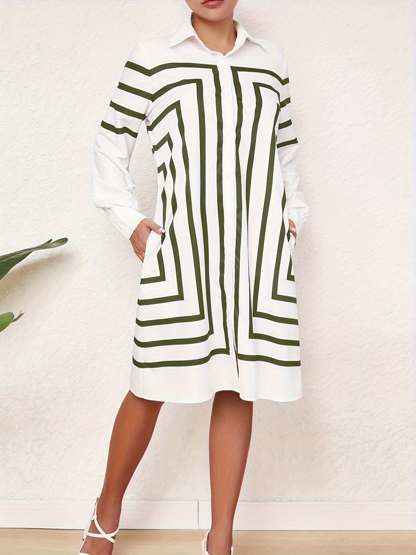 Half Sleeves Loose Buttoned Striped Lapel Midi Dresses Shirt Dress