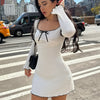 Chic Y2K-Inspired White A-Line Dress with Bow Detail - Square Neck, Long Sleeves, Ribbed Texture, Lettuce Hem - Polyester Blend, Machine Washable - Women's Fashion, Spring Fashion Dress | Square Neckline Dress | Stretchable F
