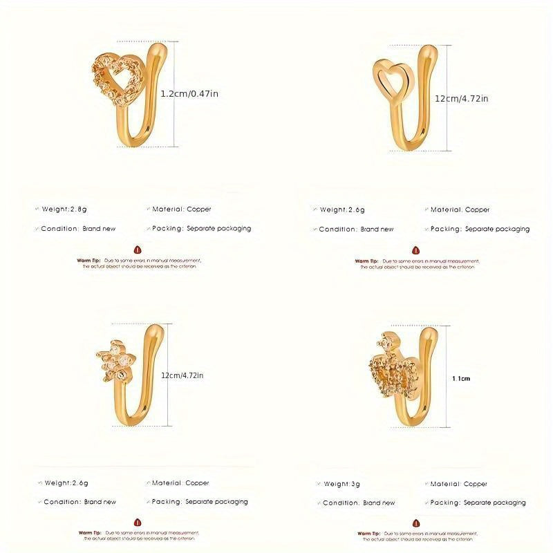 9pcs Non-Piercing Nose Ring Set – Gold-Plated U Shape Nose Clips with Zirconia, Star, Heart & Crown Charms – Stylish No Piercing Required Nose Jewelry for Women & Girls