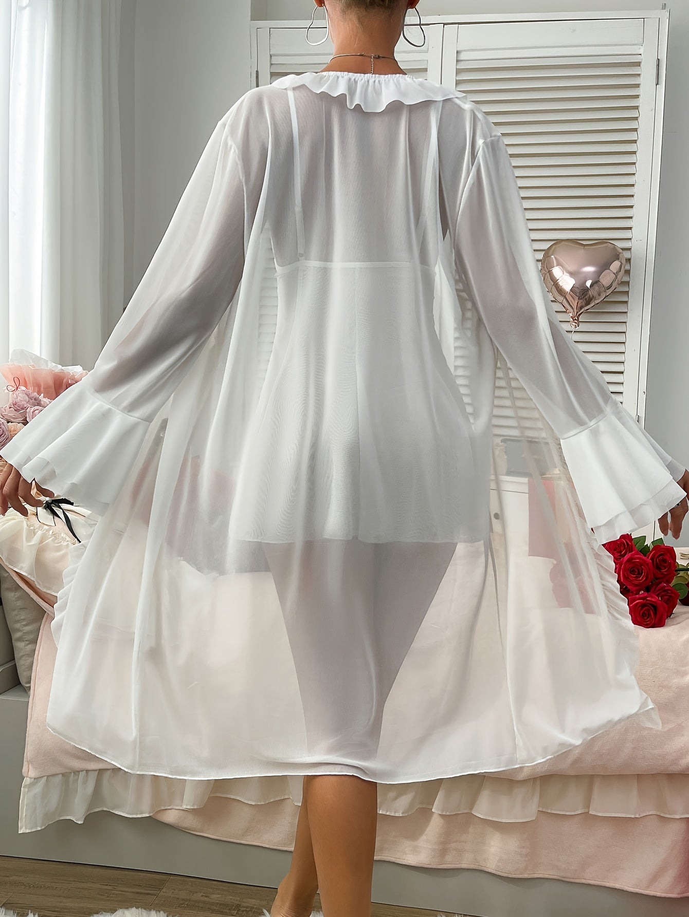 Sexy Mesh Sheer Seduction Pajama Set with Cute Ruffled Long Sleeves, Lightweight Netting Overcoat for Women - V-Neck, Solid Color, Fall/Winter Wear, Polyester Blend, Detachable Strap, 3D Printing, Relaxed Fit, Casual Wear|Det