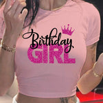 Girl's Birthday Print Crew Neck T-shirt, Casual Short Sleeve Crop Top For Spring & Summer, Women's Clothing