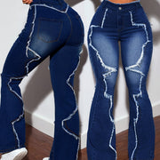Women's High-Waisted Flared Jeans - Mid-Stretch Denim Pants with Details, Dark Blue Flattering Fit, 73% Viscose Blend, All-Season Comfort & Versatile Casual Wear