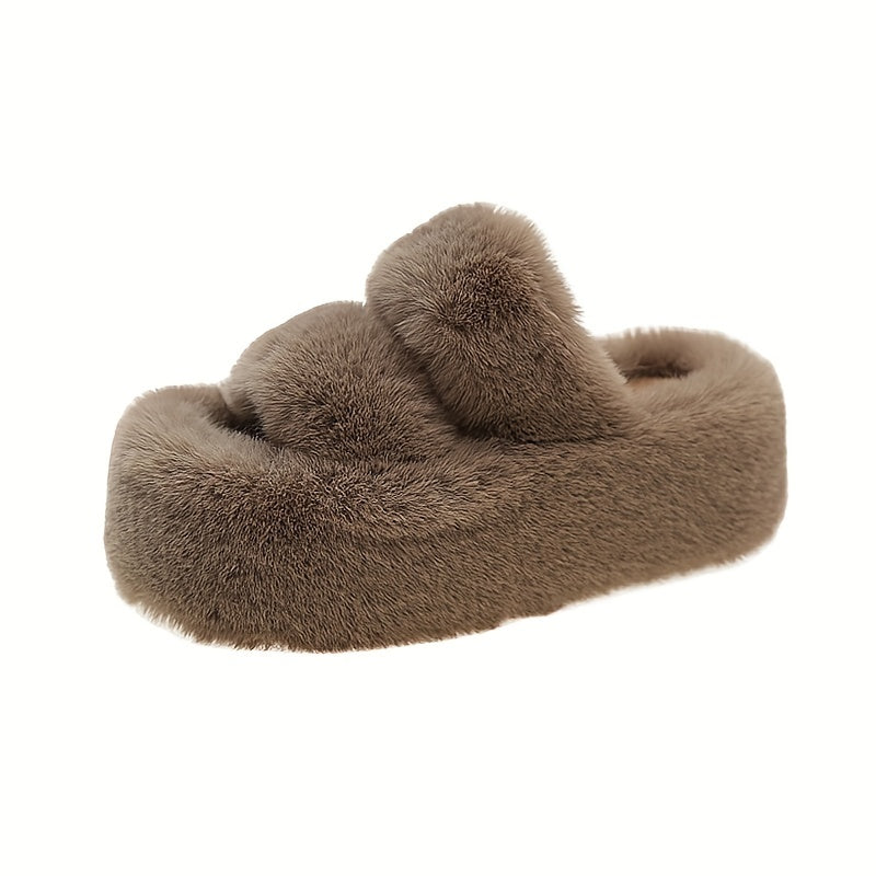 Women's Plush Fleece-Lined Slip-On Slippers with 2.76inch Thick TPU Sole - Cozy Winter Indoor House Shoes in Black, Light Blue, Beige & Brown, Comfortable Loungewear | Casual Slipon | Soft Fabric Construction, House Slippers