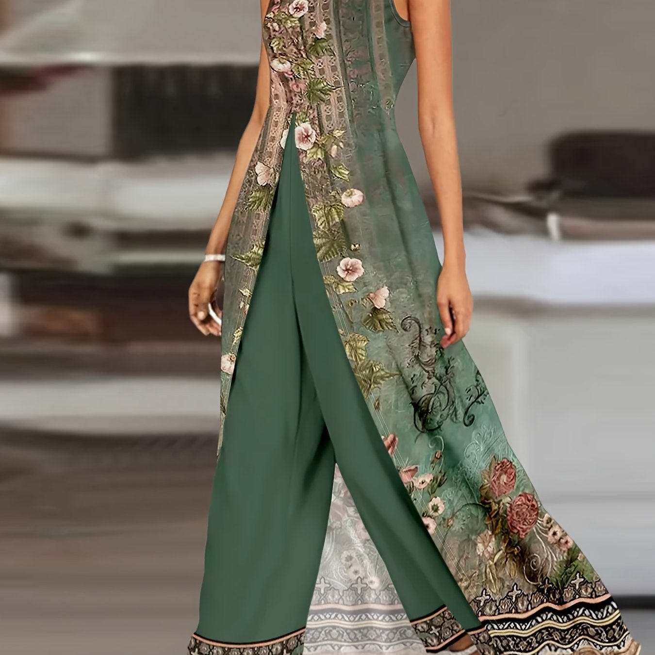 Trendy Tribal Print Womens Outfit Set - Floral Sleeveless Crew Neck Top with Split Front & Flowy Pants, Perfect Summer Vacation Wear for Stylish Ladies