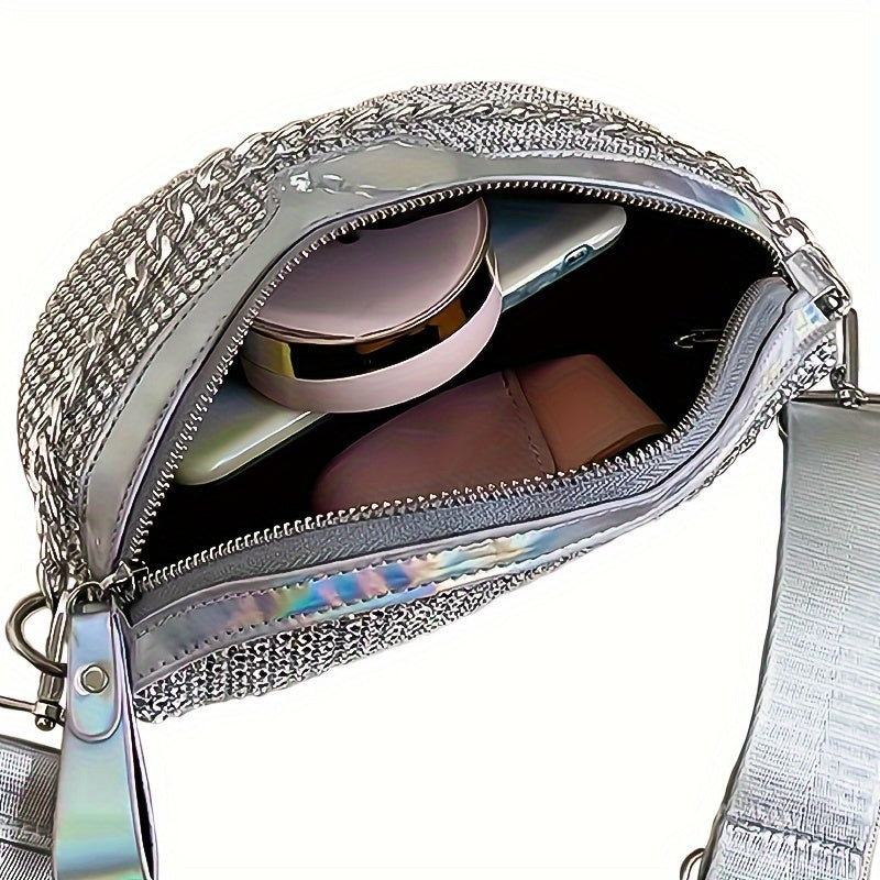 Glittering Rhinestone Fanny Pack with Chain Detail - Stylish Women’s Crossbody Waist Bag, White, Adjustable Strap, Zipper Closure, Perfect for Casual or Festive Occasions, Versatile Crossbody | Rhinestone Embellished | Adju