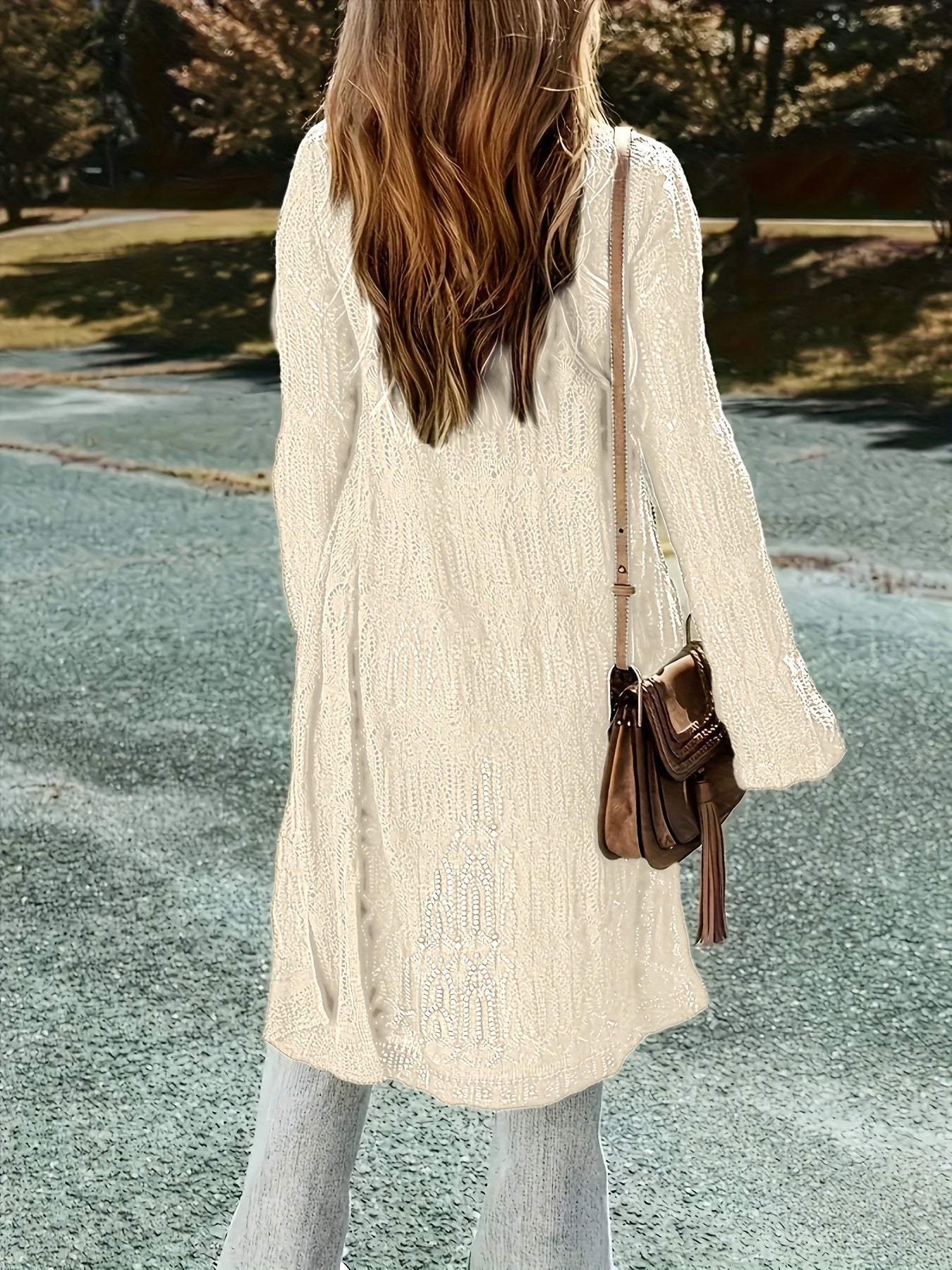 Plus Size Women's Lightweight Lace- Long Cardigan - V-Neck Semi-Sheer Cover-Up, Open Front Long Sleeve Resort Wear for Spring/Summer, Beach Vacation & Casual Outfits, Beach Lace Cover Up, Summer Layering Piece, Elegant Coveru