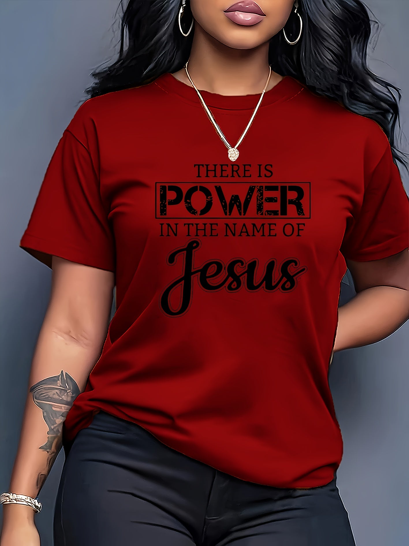 Women's Inspirational Jesus Power Quote T-Shirt - Casual Crew Neck, Short Sleeve, Beige Polyester Tee with Artistic Letter Print, Machine Washable, Casual Wear|Graphic Tee|Polyester Fabric
