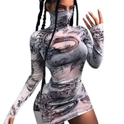 Y2K-Inspired High Neck Bodycon Dress for Women - Semi-Sheer, Abstract Print, Long Sleeve, Polyester Mini with Thigh-High Slit - Machine Washable